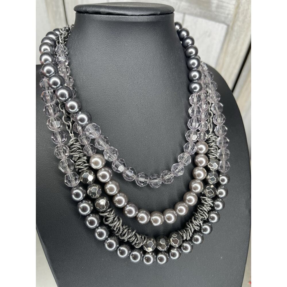 Loft Multicolor Multi Strand Beaded Statement Jewelry Necklace Gray Silver Clear